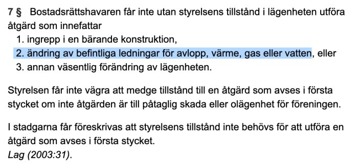 Utdrag från lagtext om bostadsrättsinnehavares behov av styrelsens tillstånd för att ändra värmesystemet.