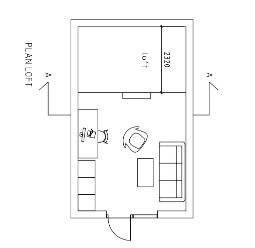 Ritning av ett attefallshusplan med loft, möblering och måttangivelser.