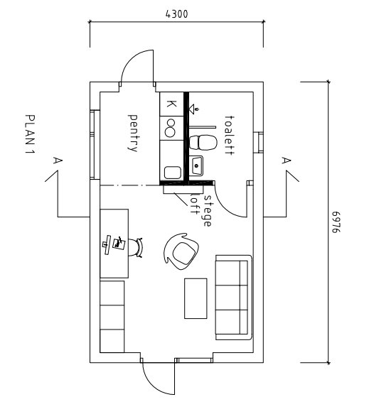 Arkitektritning av ett attefallshus med mått, loft och möblemang inkluderat.