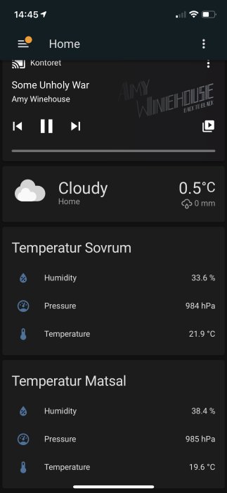 Smart hem-dashboard med väderdata och temperaturmätningar för olika rum visade på en mobilskärm.