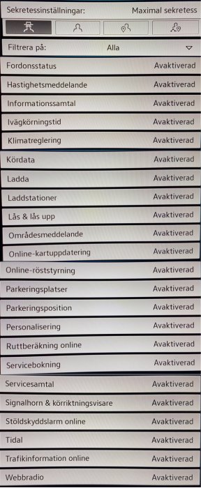 Skärmdump av bilinställningar med alla alternativ inställda på "Avaktiverad" under "Maximal sekretess".