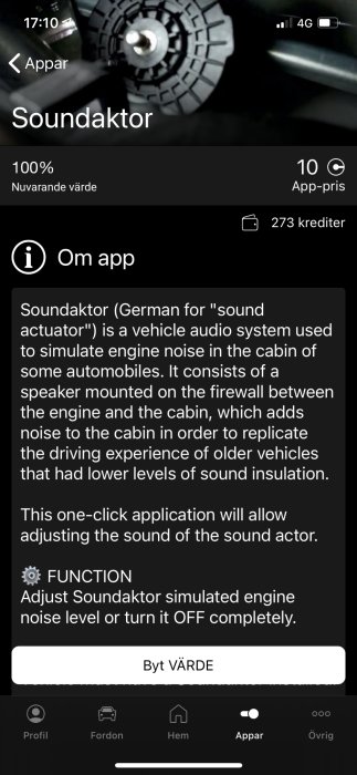 Skärmdump av applikation för reglering av Soundaktor, bilens simulerade motorljud.