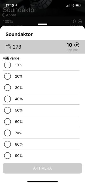 Skärmavbild av inställningar för soundaktor med valmöjligheter från 10% till 90%.