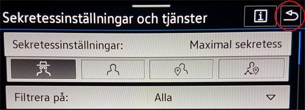 Skärmvisning av sekretessinställningar med en meny, den inringade ikonen till höger är markerad.