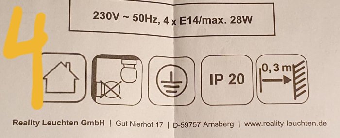 Instruktioner för taklampa med symboler för 230V, undvik glödlampor, IP 20-klassning, och 0,3 m avstånd från tak.