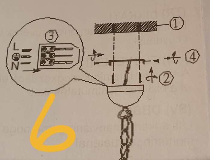 Schematisk illustration av taklampans anslutning med numrerade delar, inklusive metallskena och kablage.