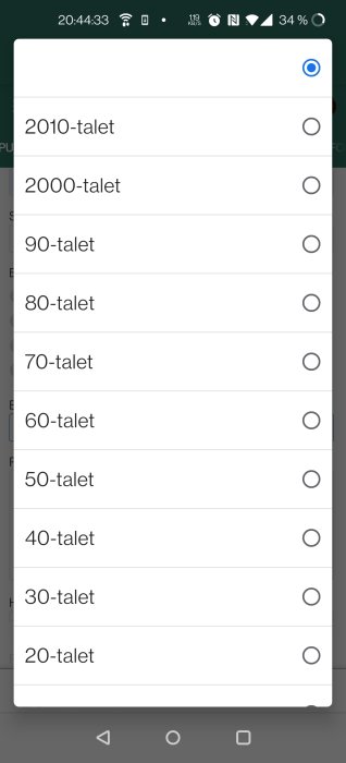 Skärmdump av en lista över årtionden i en app, den sista är 2010-talet.