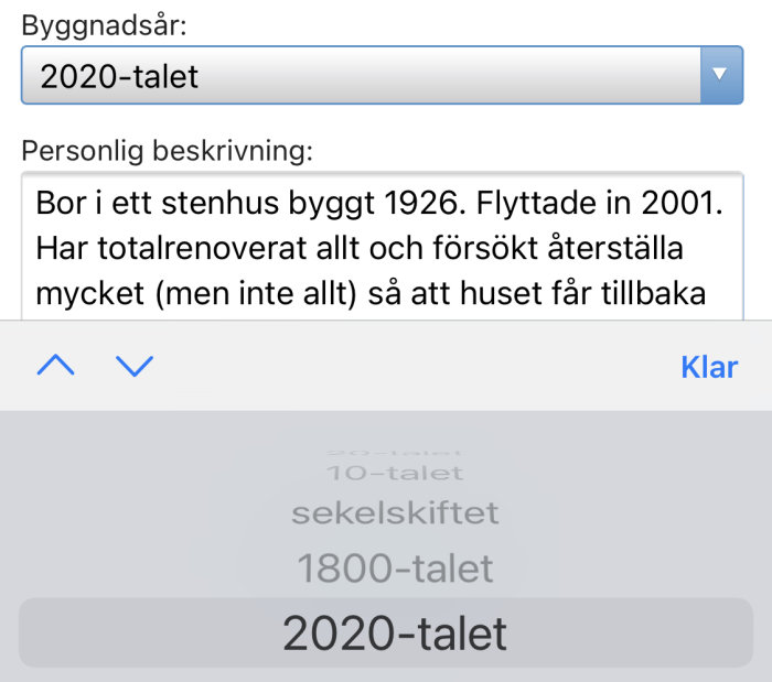 Skärmdump som visar en rullgardinsmeny med olika tidsperioder där "2020-talet" är felaktigt placerat längst ner i listan.