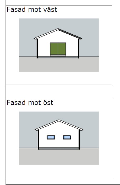 Ritningar av en verkstads byggnads två fasader, en fasad mot väst med en dörr och en fasad mot öst med två fönster.