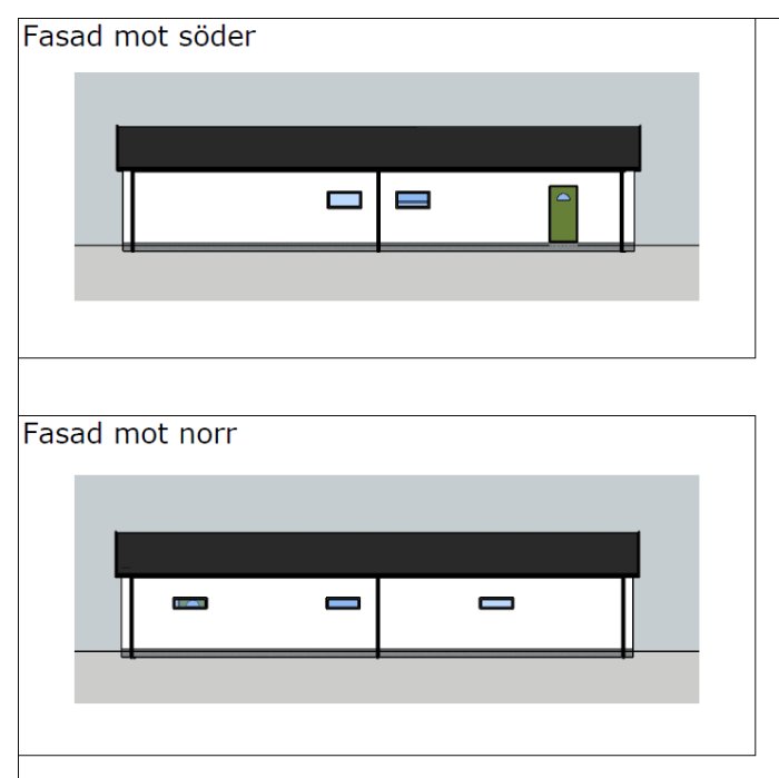 Schematiska ritningar av en verkstads syd- och nordfasad med fönster, dörr och tak.