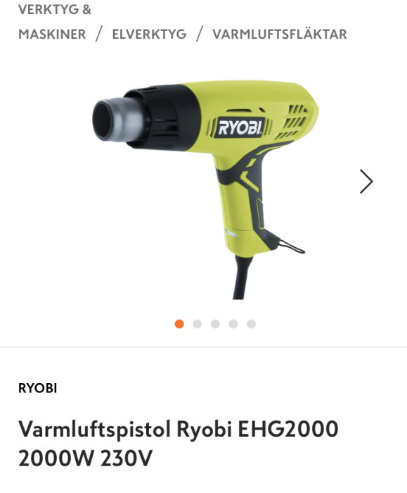 Varmuftspistol Ryobi EHG2000 modell för borttagning av färg, 2000W 230V.