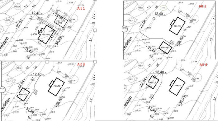 Fyra olika förslag på placering av ett hus och ett garage på en topografisk karta, markerade som Alt 1 till Alt 4.