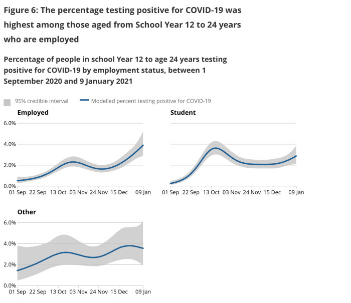 Statistikdiagram över COVID-19 positiva fall bland personer i åldrarna skolår 12 till 24 efter anställningsstatus, sept 2020-jan 2021.