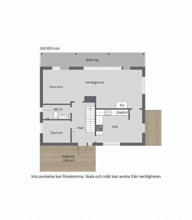 Planritning av mellanplan i ett hus med kök, vardagsrum, balkong och potentiellt område för ombyggnad.