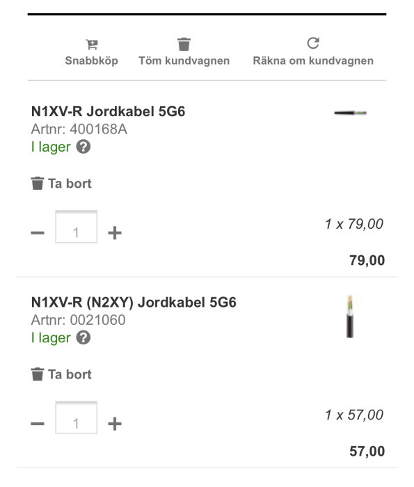 Jämförelse av två olika typer av N1XV-R Jordkabel 5G6 i en online kundvagn med priser.