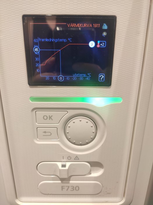 Digital display av en värmeväxlare som visar en värme kurva med framledningstemperatur inställd på 45 grader Celsius.