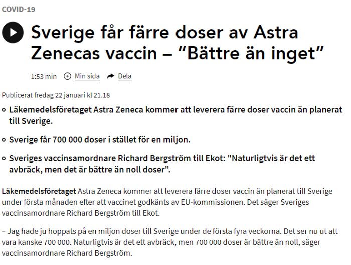 Skärmbild av en nyhetsartikel om att Sverige får färre doser av Astra Zenecas vaccin.