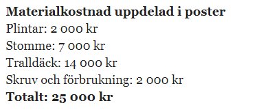 Kostnadsspecifikation med poster för byggmaterial inklusive plintar, stomme, trall och skruv med totalt 25 000 kr.