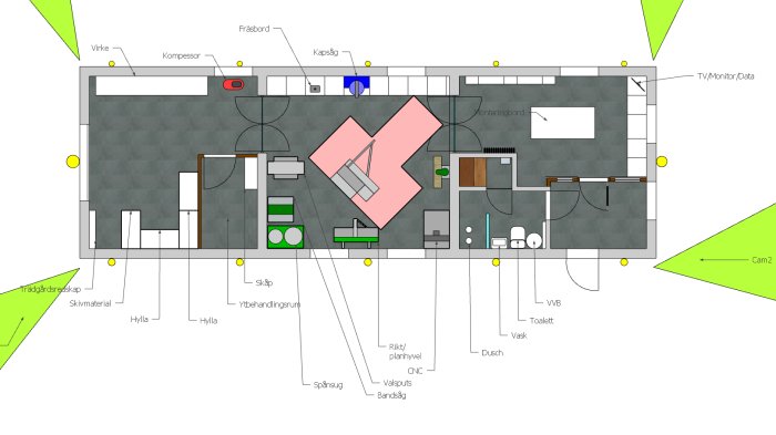 Planritning av en verkstad med zoner för snickeri, bastu, badrum, maskinverkstad och garage, markerat med text och symboler.