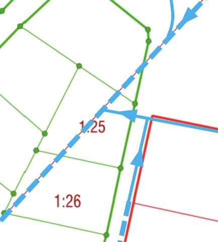 Karta som visar kulverterade och anslutande diken genom markområden markerade 1:25 och 1:26.