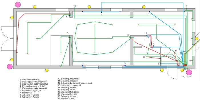 Färgkodad planritning över en verkstad med utmärkta områden för hall, badrum, bastu, finsnickeri, maskinhall och garage.