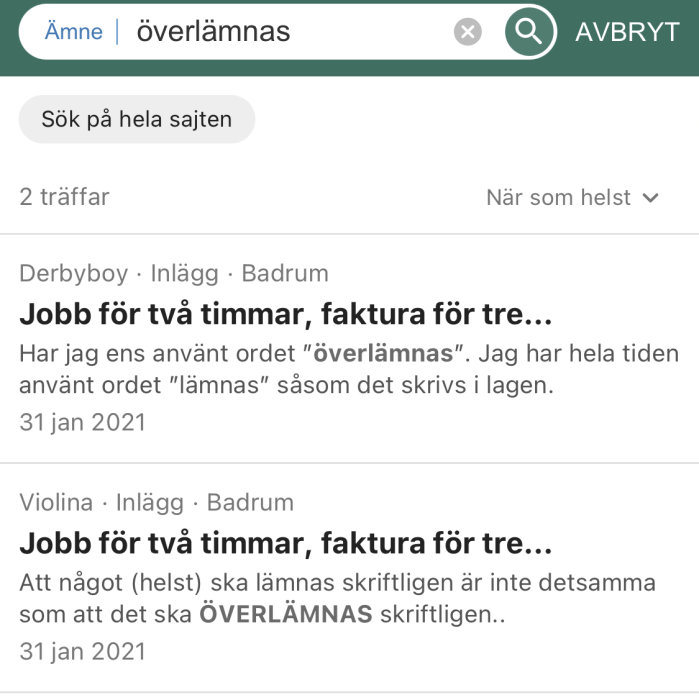 Skärmdump av ett forum med två diskussionstrådar om fakturering för badrumsjobb.