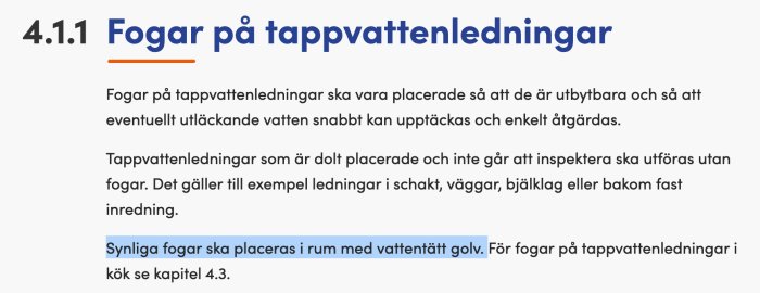 Skärmdump av en textavsnitt med rubriken "Fogar på tappvattenledningar" med riktlinjer för installation.