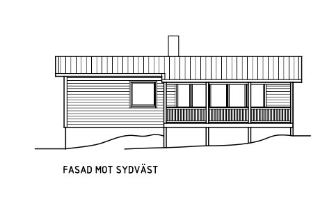 Ritning av en enplans fritidshusfasad mot sydväst med skorsten och tillbyggnad.