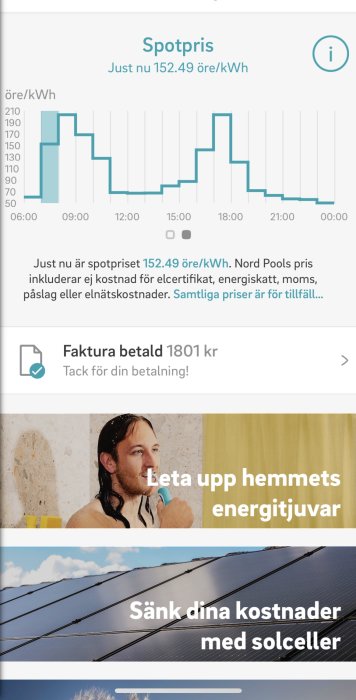 Skärmdump av energipriser och reklam för solceller, med betalningsbekräftelse på 1801 kr.