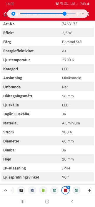 Skärmdump av en mobiltelefons webbläsare som visar specifikationerna för en LED-armatur med en strömkrav på 700 A.