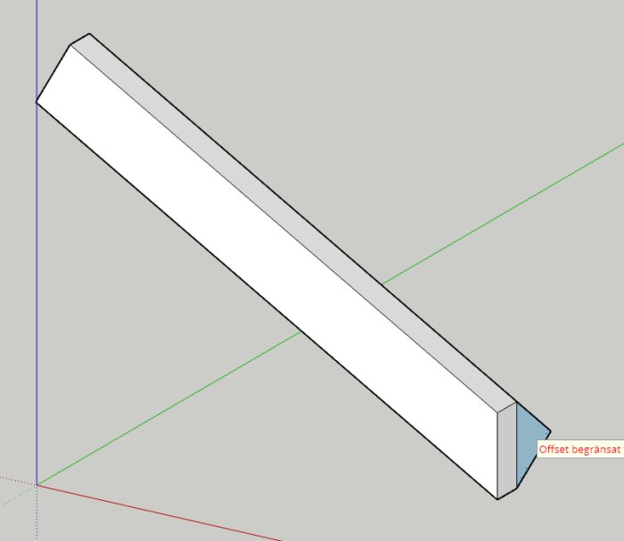 3D-modell av en träbjälke med markerad rät vinkel för avkapning och texten "Offset begränsat".