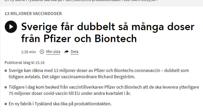 Skärmdump av artikelrubrik: "Sverige får dubbelt så många doser från Pfizer och Biontech.
