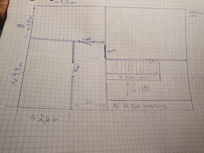 Skiss av rumsplanering för byggprojekt med måttangivelser och anteckningar för placering av sovrum, badrum och tvättstuga.