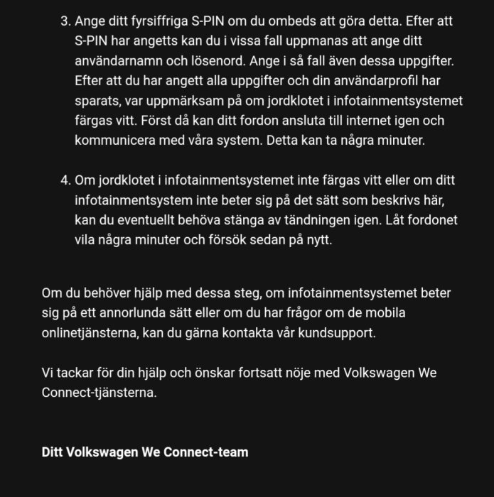 Skärmklipp av instruktioner för att återställa inställningar i ett bilinfotainmentsystem från Volkswagen We Connect-teamet.