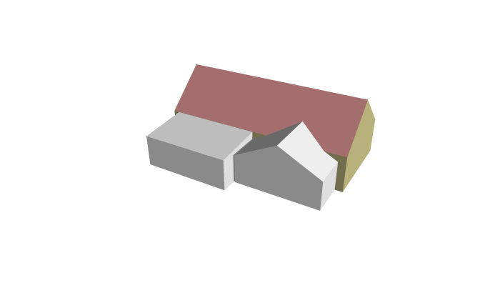 3D-modell av hus med flera volymer och sadeltak föreställande planerad tillbyggnad och vinterträdgård.