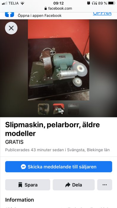 Äldre AEG slipmaskin och pelarborr på ett bord mot röd bakgrund, båda verktygen är bortskänkes.