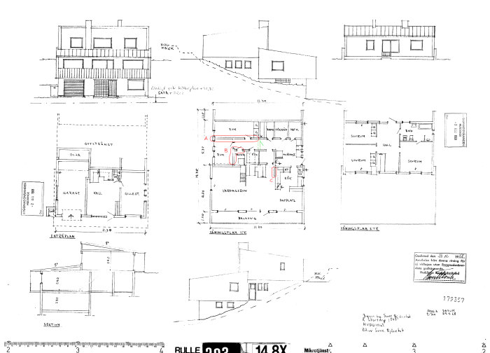 Arkitektritning av hus med markerade väggar A, B, och C som användaren överväger att ta bort.