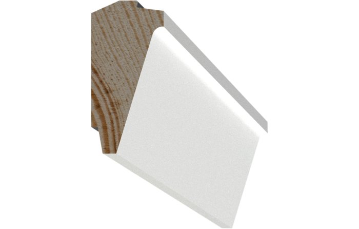 En vinkelvisning af en skygge-listprofil i træ og hvid, der måler 21x43mm.