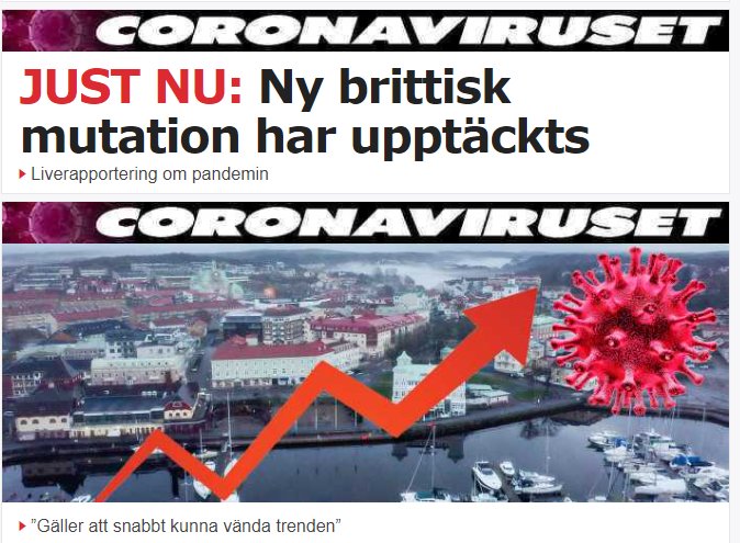 Nyhetsbild som visar en stigande röd pil och en illustration av ett virus, symboliserar upptäckten av en ny virusmutation.