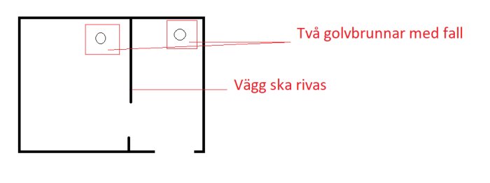 Ritning av bastu/dusch med två markerade golvbrunnar och en vägg som ska rivas.