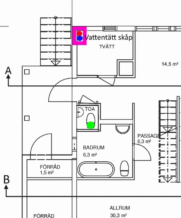 Schematisk ritning av en planlösning visar ett nytt badrum, vattentätt skåp i en tvättstuga och ett avloppssystem.