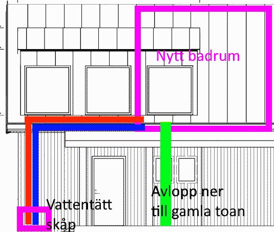 Skiss över planlösning med rördragningar för VV/KV och avlopp till ett nytt badrum och befintlig toalett.