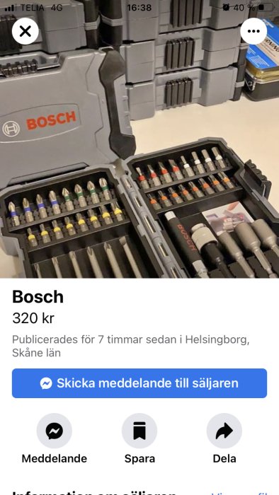 Bosch skruvbits- och hylssats visas öppen med många bits och hylsor synliga, till försäljning på en Facebook Marketplace-annons.
