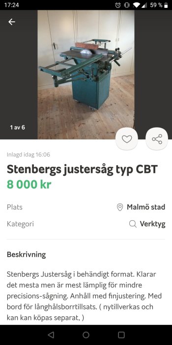 Stenberg justersåg typ CBT på trägolv, använd för precisionssågning med finjusteringsanordning.