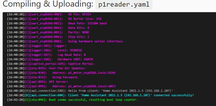 Skärmdump av kodkompilering och uppladdning för en enhet med text om debug logging och fjärruppdatering via ESPHome.