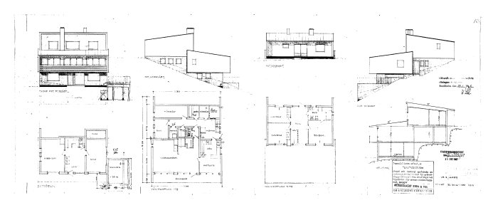 Arkitektritningar av ett tvåvåningshus med fasadvyer, sektioner och planlösningar från 1967.