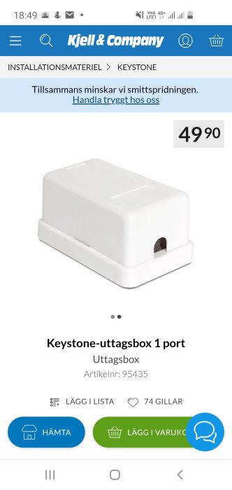 Vit keystone-uttagsbox med en port för kabelförbindelse visas på en e-handelsplattforms skärmbild.