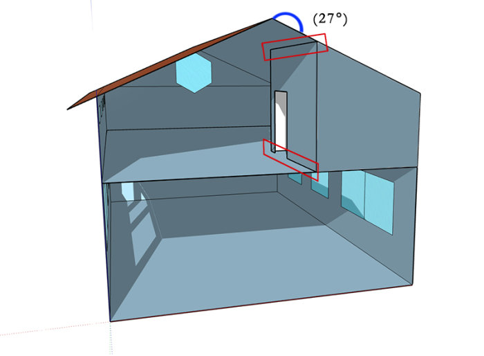 3D-skiss av ett rum under snedtak med markerade vinklar och planerade väggar.