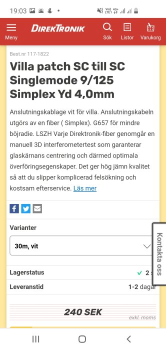 Skärmavbild av en webbsida som visar en vit anslutningskabel för villa, pris och leveransinformation.