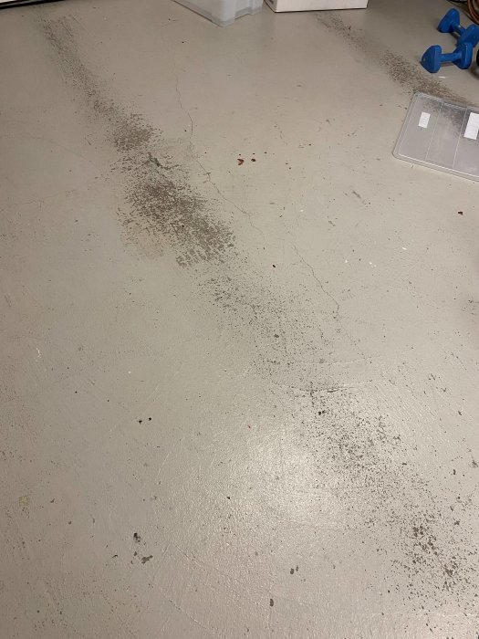 Glansig, möjligtvis epoximålad betongplatta med fläckar och små sprickor i ett garage.